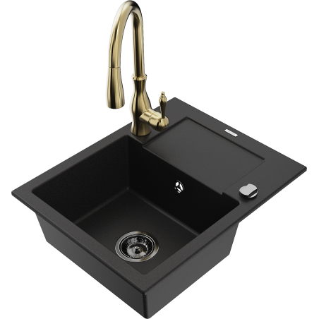Mexen Enzo 1-Bowl Granite Kitchen Sink with Drainer and Savita Mixer Tap, Black - 6506-77-672601-50-B