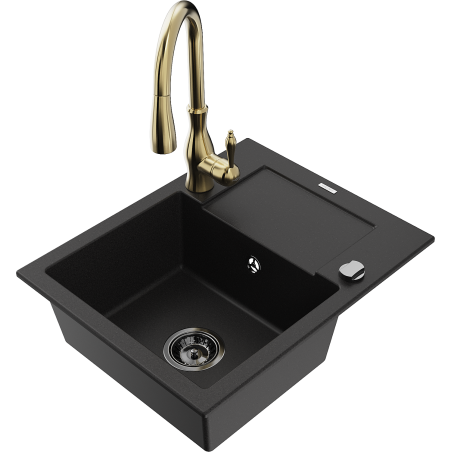 Mexen Enzo 1 Bowl Granite Sink with Drainer and Savita Kitchen Faucet, Black - 6506-77-672601-50-B