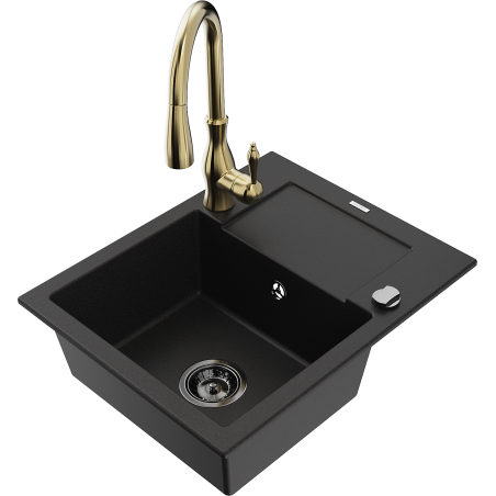 Mexen Enzo 1-compartment granite sink with a drip tray and kitchen mixer tap Savita, Black - 6506-77-672601-50-B