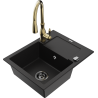 Mexen Enzo 1 Bowl Granite Sink with Drainer and Savita Kitchen Faucet, Black - 6506-77-672601-50-B
