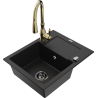 Mexen Enzo 1-compartment granite sink with a drip tray and kitchen mixer tap Savita, Black - 6506-77-672601-50-B