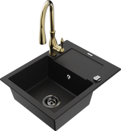 Mexen Enzo single-bowl granite sink with drainer and Savita kitchen faucet, black - 6506-77-672601-50-B