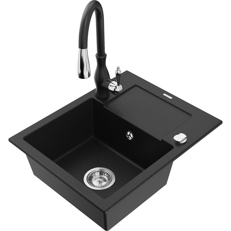 Mexen Enzo 1-compartment granite sink with a drip tray and kitchen mixer tap Savita, Black - 6506-77-672601-70