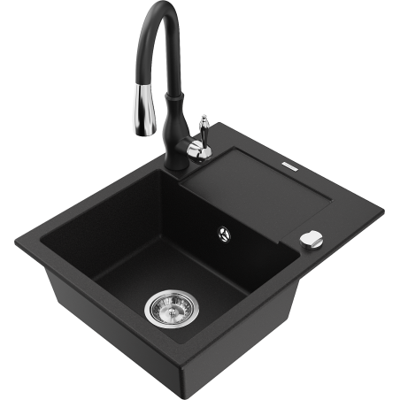 Mexen Enzo granite sink 1-bowl with drainer and Savita kitchen tap, black - 6506-77-672601-70
