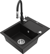 Mexen Enzo 1-bowl granite sink with drainer and kitchen faucet Savita, black - 6506-77-672601-70