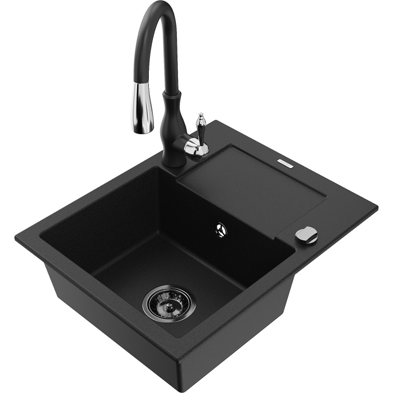 Mexen Enzo 1-bowl granite sink with drainer and Savita kitchen faucet, black - 6506-77-672601-70-B