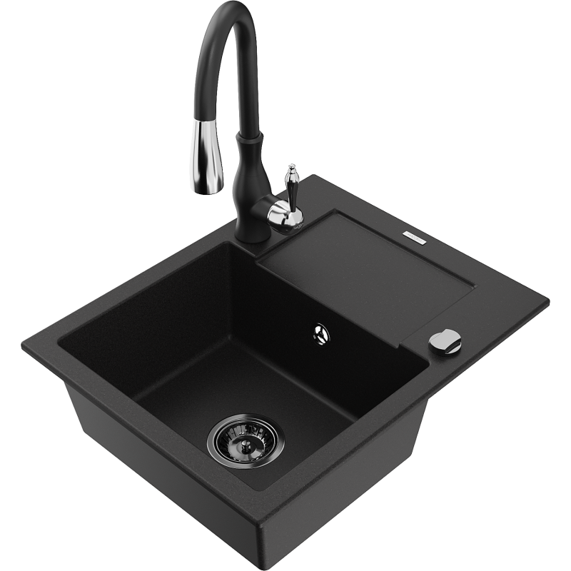 Mexen Enzo 1-compartment granite sink with a drip tray and kitchen mixer tap Savita, Black - 6506-77-672601-70-B