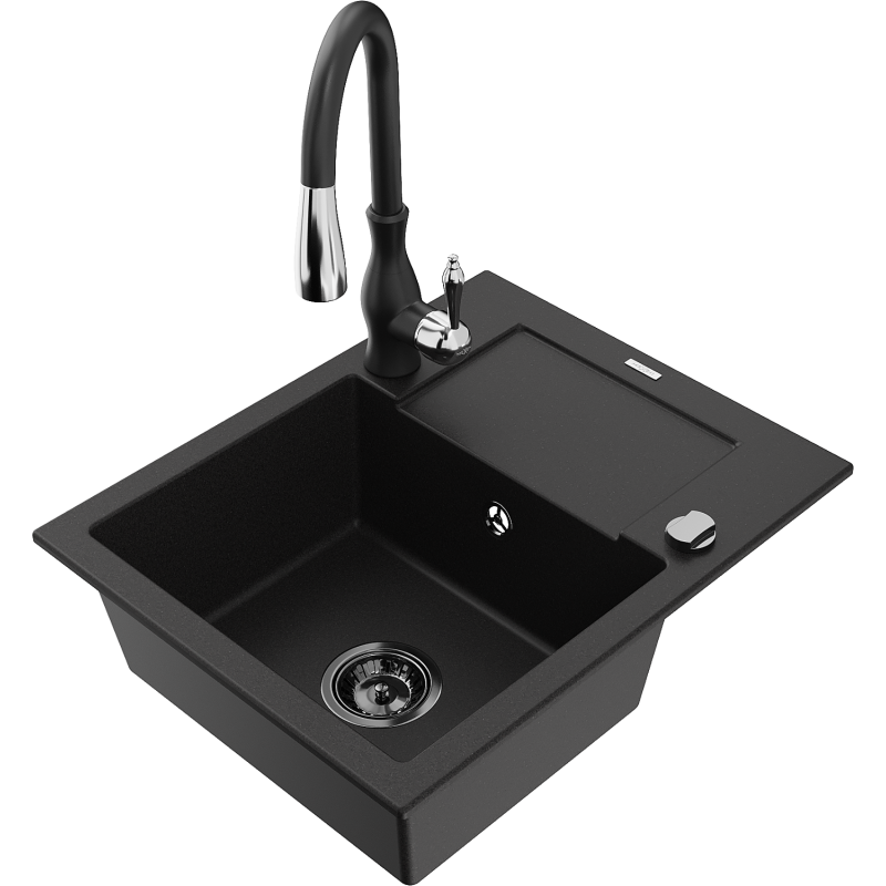 Mexen Enzo granite sink 1-bowl with drainer and Savita kitchen tap, black - 6506-77-672601-70-B