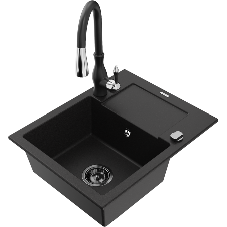 Mexen Enzo granite sink 1-bowl with drainer and kitchen faucet Savita, black - 6506-77-672601-70-B