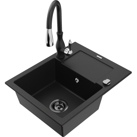 Mexen Enzo granite sink 1-bowl with drainer and Savita kitchen tap, black - 6506-77-672601-70-B