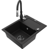 Mexen Enzo 1-bowl granite sink with drainer and Savita kitchen faucet, black - 6506-77-672601-70-B