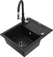 Mexen Enzo 1-compartment granite sink with a drip tray and kitchen mixer tap Savita, Black - 6506-77-672601-70-B