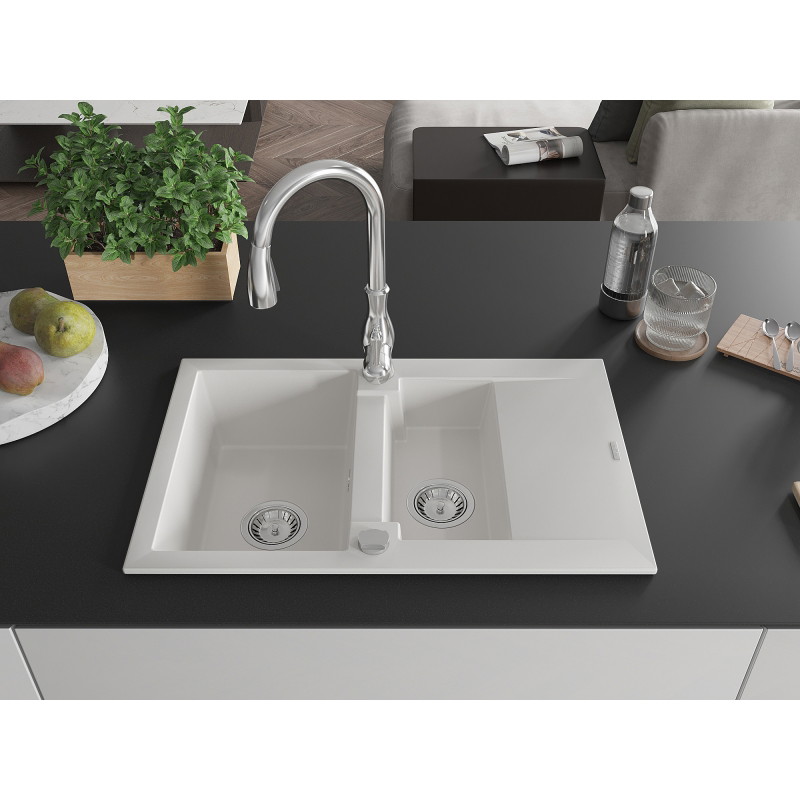 Mexen Gaspar granite sink 1.5-bowl with drainer and Savita kitchen faucet, white - 6507-20-672601-00