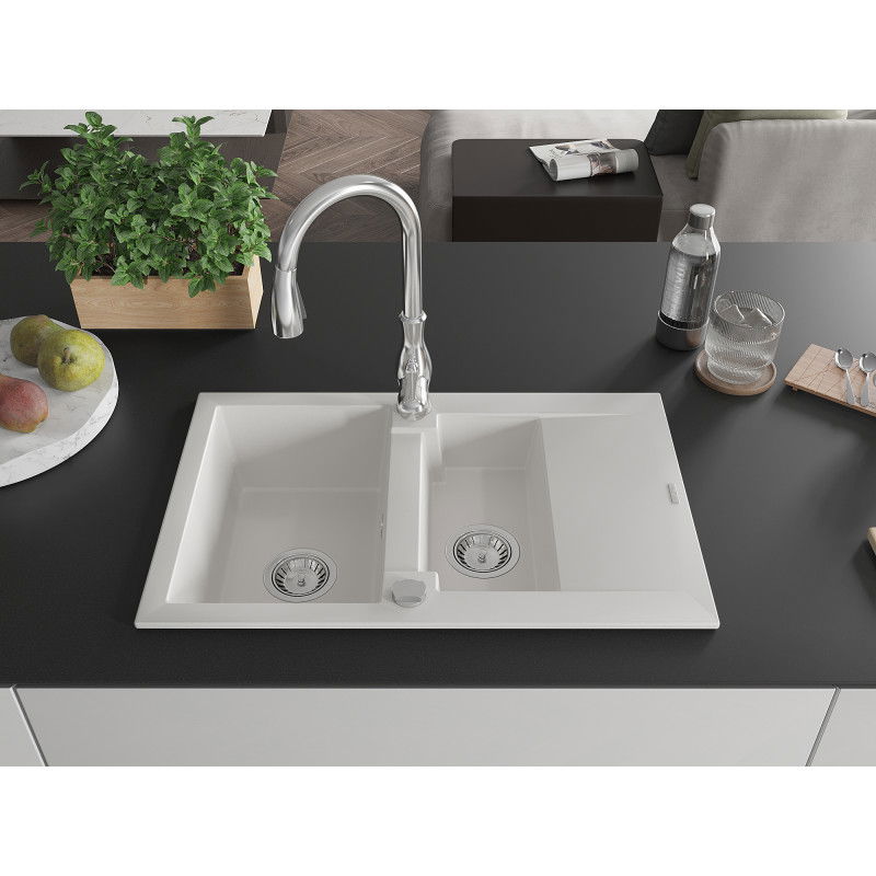 Mexen Gaspar granite sink 1.5-bowl with drainer and Savita kitchen tap, white - 6507-20-672601-00
