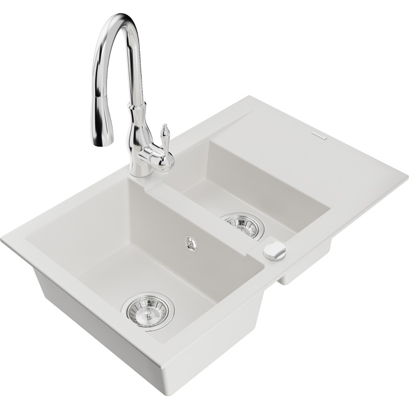 Mexen Gaspar granite sink 1.5-bowl with drainer and kitchen faucet Savita, white - 6507-20-672601-00