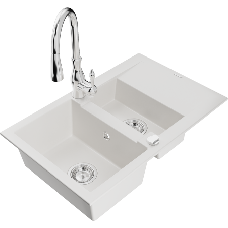 Mexen Gaspar granite sink 1.5-bowl with drainer and kitchen faucet Savita, white - 6507-20-672601-00