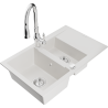 Mexen Gaspar 1.5-compartment granite sink with a drip tray and kitchen mixer tap Savita, White - 6507-20-672601-00