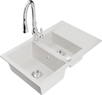 Mexen Gaspar 1.5-compartment granite sink with a drip tray and kitchen mixer tap Savita, White - 6507-20-672601-00
