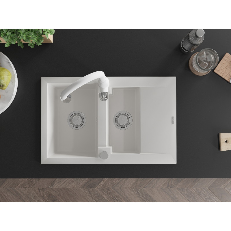 Mexen Gaspar granite sink 1.5-bowl with drainer and Savita kitchen faucet, white - 6507-20-672601-20
