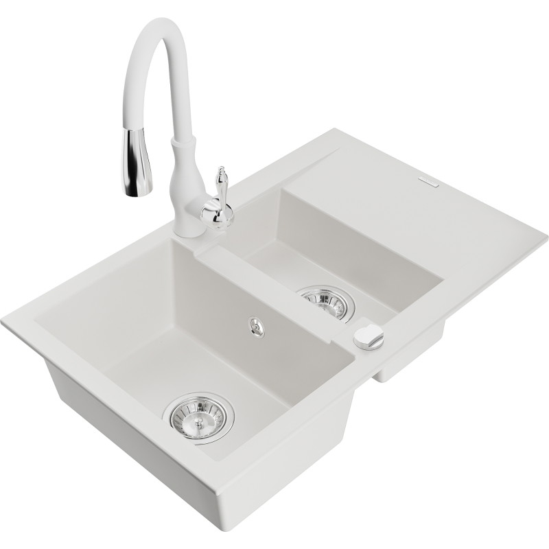 Mexen Gaspar granite sink 1.5-bowl with drainer and Savita kitchen faucet, white - 6507-20-672601-20