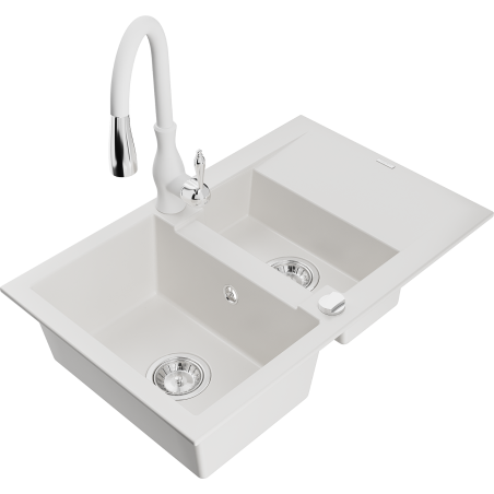 Mexen Gaspar 1.5-compartment granite sink with a drip tray and kitchen mixer tap Savita, White - 6507-20-672601-20