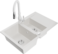 Mexen Gaspar 1.5-compartment granite sink with a drip tray and kitchen mixer tap Savita, White - 6507-20-672601-20