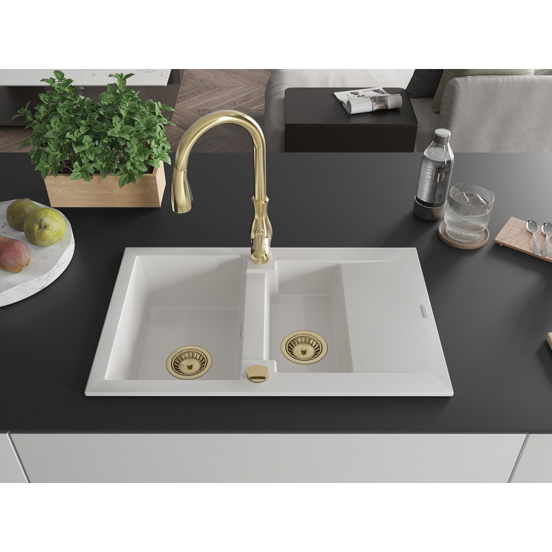 Mexen Gaspar 1.5-bowl granite sink with drainer and Savita kitchen faucet, white - 6507-20-672601-50