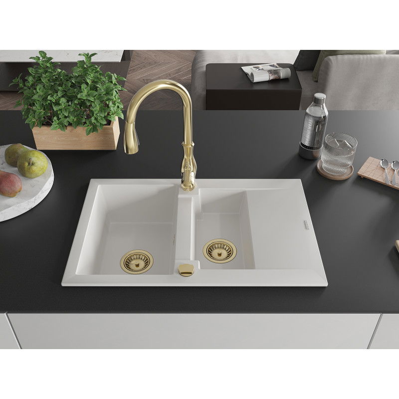 Mexen Gaspar granite sink 1.5-bowl with drainer and Savita kitchen tap, white - 6507-20-672601-50