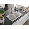 Mexen Gaspar 1.5-bowl granite sink with drainer and Savita kitchen faucet, white - 6507-20-672601-50