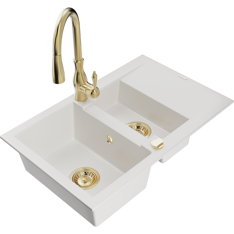 Mexen Gaspar 1.5-compartment granite sink with a drip tray and kitchen mixer tap Savita, White - 6507-20-672601-50