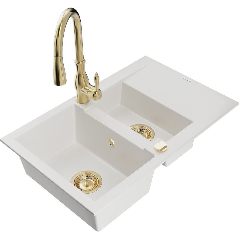 Mexen Gaspar granite sink 1.5-bowl with drainer and Savita kitchen faucet, white - 6507-20-672601-50