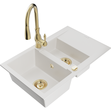 Mexen Gaspar 1.5-bowl granite sink with drainer and Savita kitchen faucet, white - 6507-20-672601-50