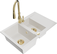 Mexen Gaspar granite sink 1.5-bowl with drainer and Savita kitchen tap, white - 6507-20-672601-50