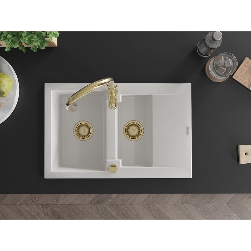 Mexen Gaspar granite sink 1.5-bowl with drainer and Savita kitchen faucet, white - 6507-20-672601-50
