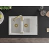 Mexen Gaspar 1.5-bowl granite sink with drainer and Savita kitchen faucet, white - 6507-20-672601-50
