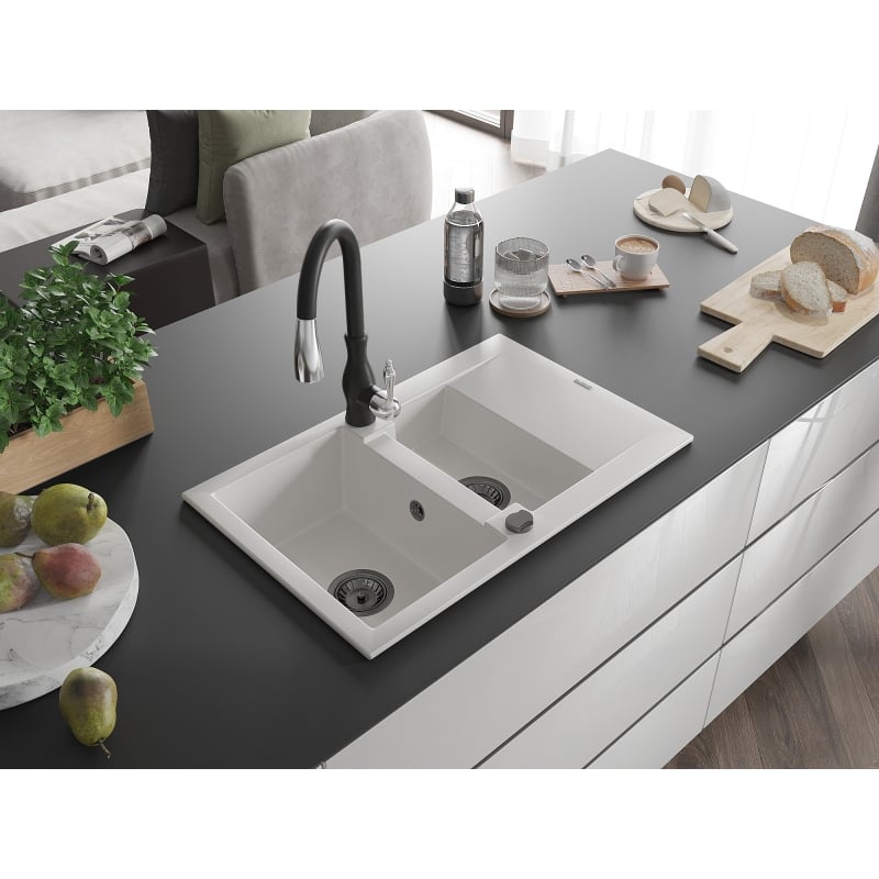 Mexen Gaspar 1.5-bowl granite sink with drainer and Savita kitchen faucet, white - 6507-20-672601-70