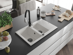 Mexen Gaspar 1.5-compartment granite sink with a drip tray and kitchen mixer tap Savita, White - 6507-20-672601-70