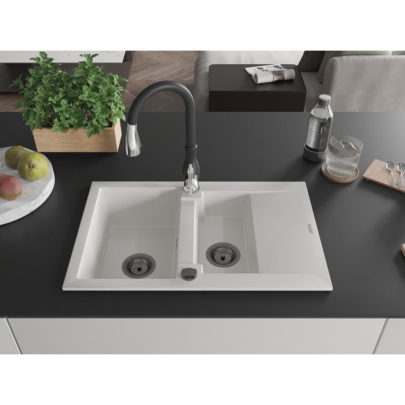 Mexen Gaspar 1.5-bowl granite sink with drainer and Savita kitchen faucet, white - 6507-20-672601-70