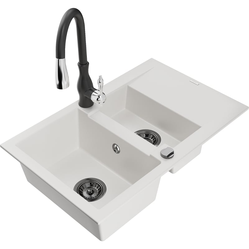 Mexen Gaspar 1.5-bowl granite sink with drainer and Savita kitchen faucet, white - 6507-20-672601-70