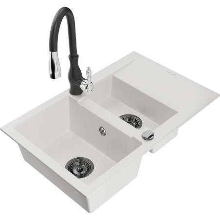 Mexen Gaspar 1.5-bowl granite sink with drainer and Savita kitchen faucet, white - 6507-20-672601-70