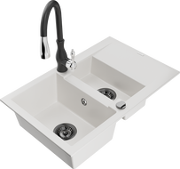 Mexen Gaspar 1.5-compartment granite sink with a drip tray and kitchen mixer tap Savita, White - 6507-20-672601-70