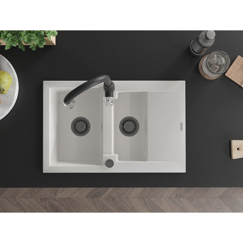 Mexen Gaspar granite sink 1.5-bowl with drainer and Savita kitchen tap, white - 6507-20-672601-70