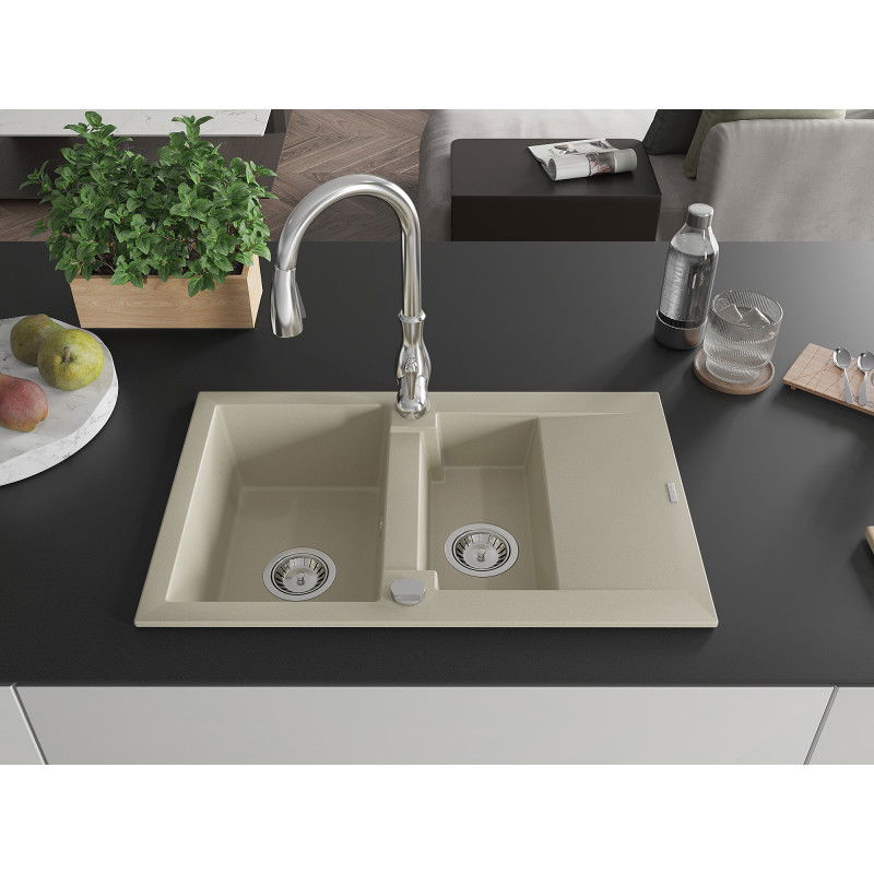 Mexen Gaspar granite kitchen sink 1.5-bowl with drainer and Savita kitchen tap, beige - 6507-69-672601-00