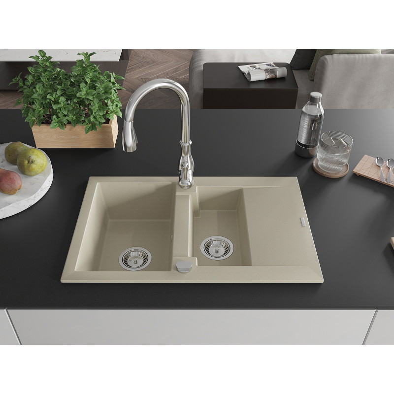 Mexen Gaspar granite sink 1.5-bowl with drainer and Savita kitchen faucet, beige - 6507-69-672601-00