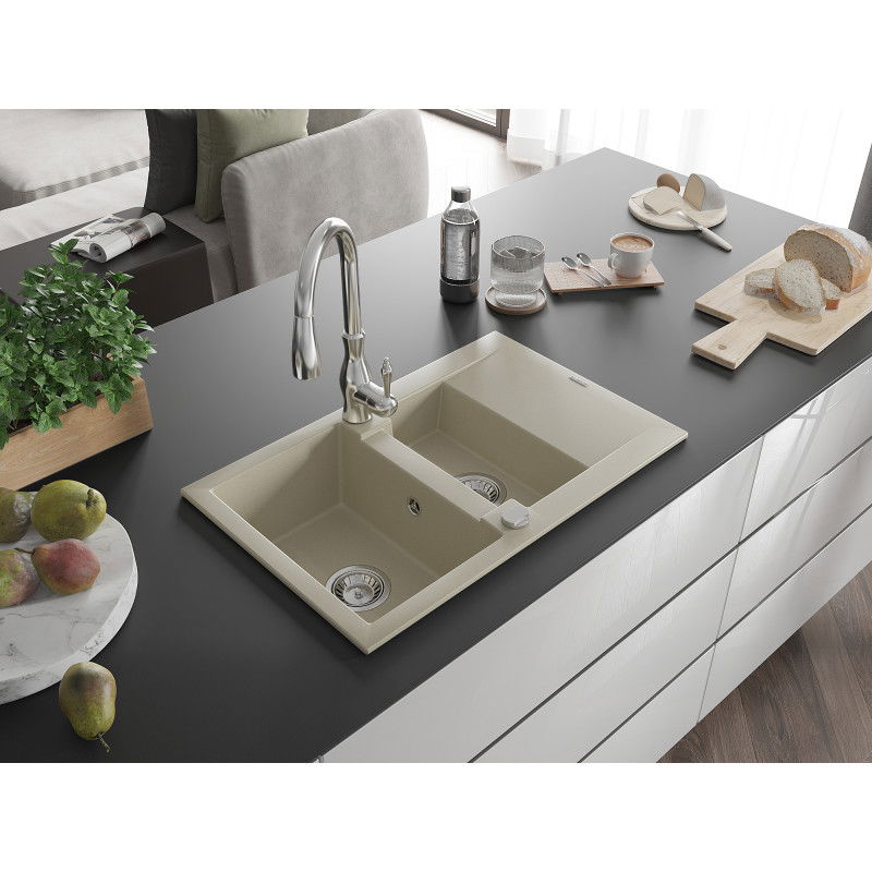 Mexen Gaspar granite kitchen sink 1.5-bowl with drainer and Savita kitchen tap, beige - 6507-69-672601-00