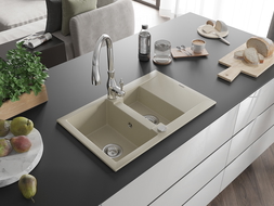 Mexen Gaspar granite kitchen sink 1.5-bowl with drainer and Savita kitchen tap, beige - 6507-69-672601-00