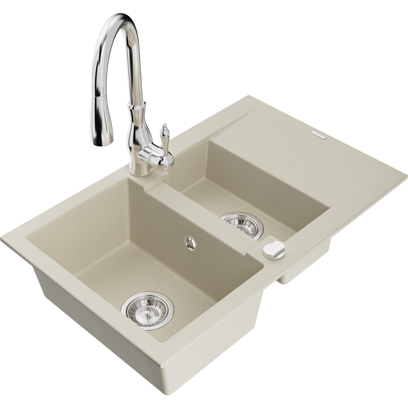 Mexen Gaspar 1.5-compartment granite sink with a drip tray and kitchen mixer tap Savita, Beige - 6507-69-672601-00