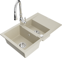 Mexen Gaspar granite kitchen sink 1.5-bowl with drainer and Savita kitchen tap, beige - 6507-69-672601-00