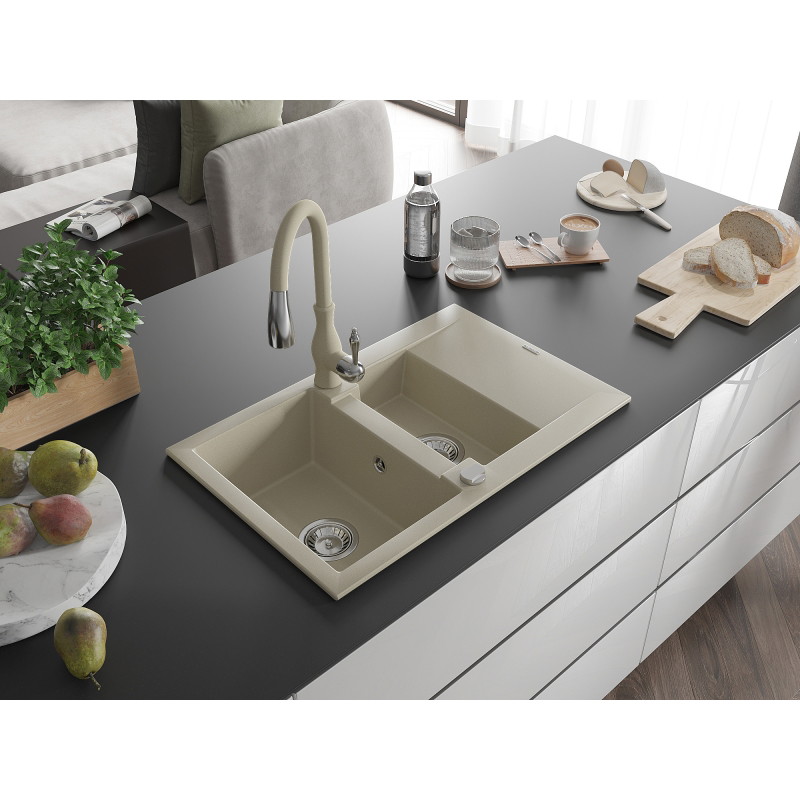 Mexen Gaspar granite sink 1.5-bowl with drainer and Savita kitchen faucet, beige - 6507-69-672601-69