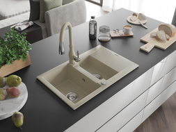Mexen Gaspar granite sink 1.5-bowl with drainer and Savita kitchen faucet, beige - 6507-69-672601-69